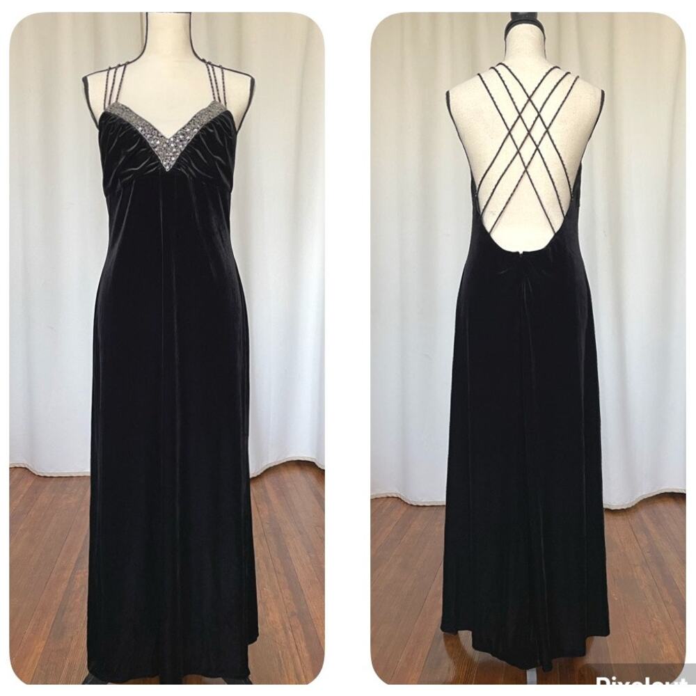 Y2K Dave & Johnny Black Velvet Beaded Formal Gown Maxi Open Back Size 11/12